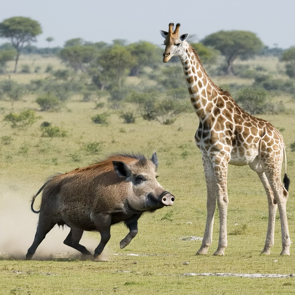 Spatial/scale errors: a Boar retaliating against a Giraffe
